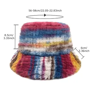 Colorful tie-dye plush bucket hat with dimension chart for head circumference 56-58cm