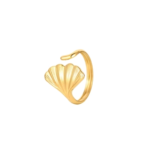 Elegant gold ginkgo leaf open ring in stainless steel with detailed leaf texture