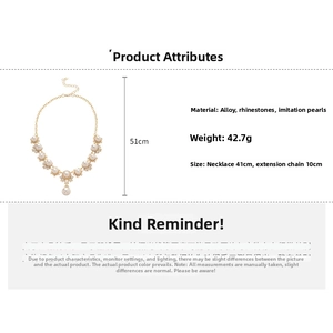 Detailed size specifications for crystal and pearl necklace set with 41cm main chain