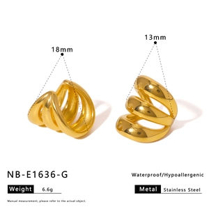 Detail of 13mm and 18mm striped layered stainless steel ear cuffs with 18K gold plating