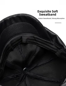 Detail of premium black leather cap with soft sweatband and refined texture finish