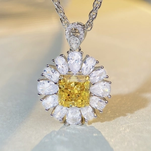 S925 Sterling Silver Sunflower Necklace with Square Yellow Gemstone and White Zircon