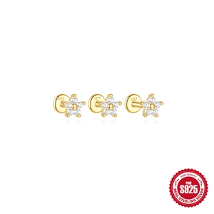 Exquisite S925 sterling silver triangle petal flower stud earrings with white zircons