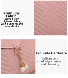 Detail of pink shell bag with herringbone quilting, golden hardware, and pearl pendants