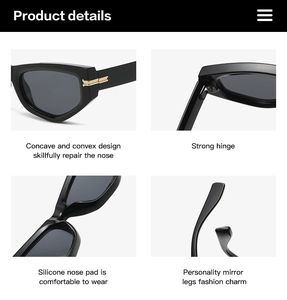 Detail view of retro cat eye sunglasses with metal hinges and comfortable nose pads