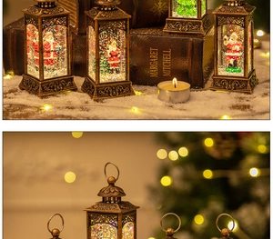 Close-up of retro bronze Christmas lantern with Santa Claus and swirling glitter snow