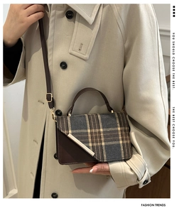 Detail view of retro plaid crossbody bag with metal accent on model with beige coat