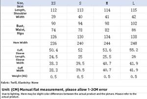 Tableau des tailles pour robe chemise femme avec mesures XS-L détaillées en cm