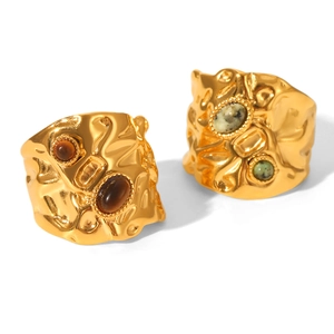 Vintage gold textured stainless steel wide ring set with brown tiger eye stone