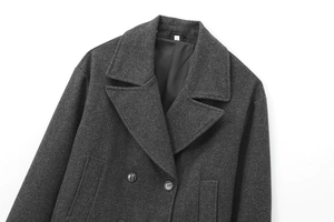 Dettaglio di un cappotto corto in lana con ampi revers e bottoni doppiopetto in grigio scuro