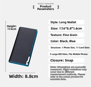 Dimensions détaillées du long portefeuille en cuir noir avec fentes pour cartes et téléphone