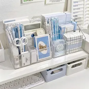 Minimalist transparent acrylic desktop stationery organizer with multi-compartment storage