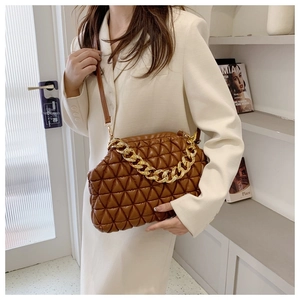 Brown quilted diamond pattern handbag with gold chain handle and shoulder strap details