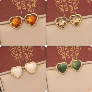 Vintage Heart Stud Earrings Stainless Steel Gold Plated Amber Marble Resin Texture Retro Maillard Style Jewelry Women