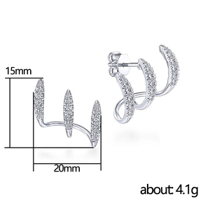 Minimalist silver three-claw curved stud earrings with pavé zircon stones 20x15mm