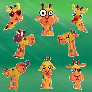 Detailed embroidery texture of cute yellow giraffe patches with varied expressions