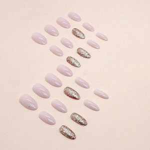 Pink and silver glitter almond-shaped press-on nails set for summer fashion look