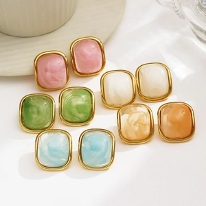 Gold plated stainless steel square hoop earrings with colorful marble texture resin