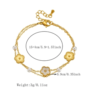 18K gold plated stainless steel layered chain bracelet with white flower and pearl charms