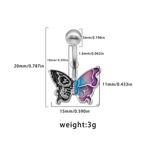 Piercing de nombril papillon gothique avec crâne et dimensions 11x15mm détaillées