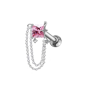 Clou d'oreille en acier inoxydable avec croix en zircon rose et chaînes argent