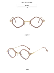 Detail view of khaki geometric diamond sunglasses with metallic gold temple arms