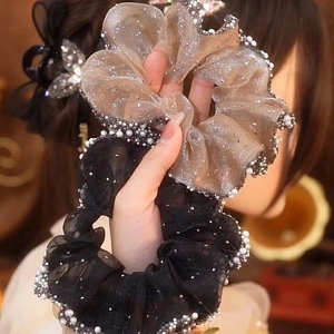 Elegant Organza Scrunchie With Rhinestone And Faux Artificial Pearl Trim High Elastic Large Hair Tie For Women Girls Accessory