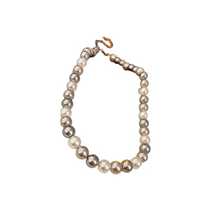 Minimalist pearl necklace featuring elegant grey and white pearls on white background