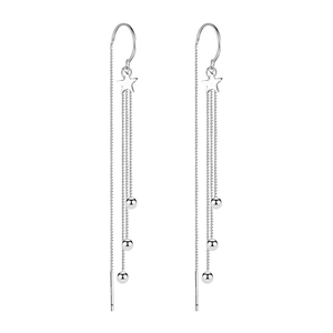 Elegant silver star tassel drop earrings with long dangle chain and metal beads on white background