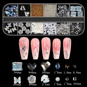 Detailed size chart showing assorted nail art charms including bows, pearls and crystals