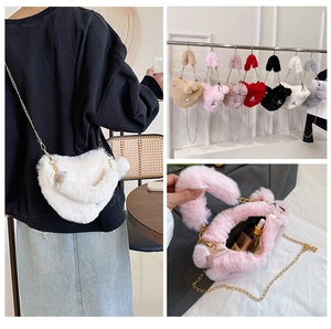 Detailed views of heart-shaped plush bag including model wearing, colors and interior capacity