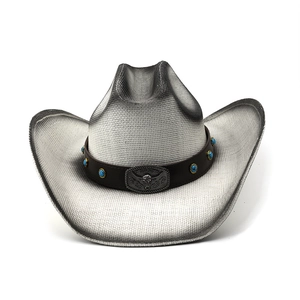 Detail of western straw hat with mesh weave, leather band, turquoise and bull head buckle