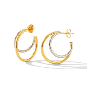 Two-tone gold and silver C-shaped double layer stainless steel hoop earrings on white background