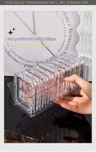 Close-up of portable transparent acrylic nail organizer box with internal vertical slots