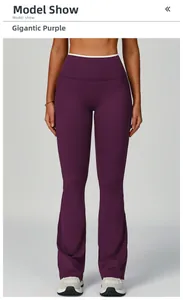 Macro detail of plum purple high-waisted flared yoga leggings with wide waistband stitching