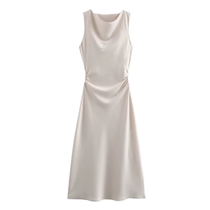 Elegant apricot sleeveless satin midi dress with cinched waist and pleated details