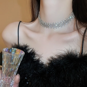 Sparkling silver rhinestone choker necklace with irregular fringe for luxury evening parties