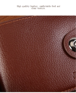 Close-up of brown textured leather wallet with a round silver metallic magnetic snap button