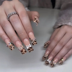 Long Coffin Press On Nails Leopard Print French Nude Pink With Dimensional Bows Butterflies Rhinestones Fake Nails
