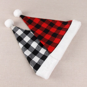 Classic red black and white plaid Christmas hats with soft plush trim for holiday parties