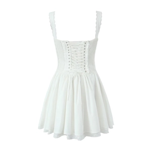 White French ballet style lace dress with corset back tie and pleated waist design