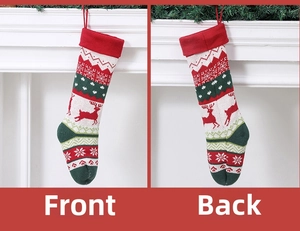 Detailed front and back views of knitted Christmas stockings with reindeer patterns