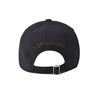 Detail of black cotton baseball cap back with brown TOPSHARP embroidery and metal buckle