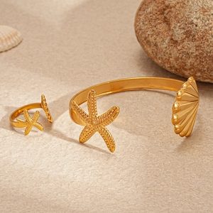 Starfish Seashell Bangle And Ring Stainless Steel Gold Plated Open Cuff Adjustable Beach Vacation Style Jewelry For Women