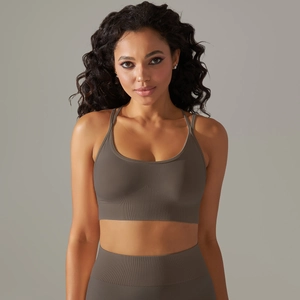 Coffee grey seamless yoga set with cross back sports bra and high waist leggings