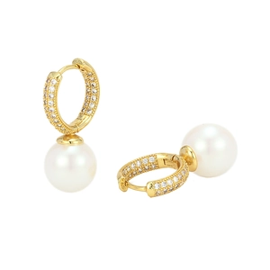 Elegant 18K gold plated spiral earrings with white pearls and micro-pave cubic zirconia