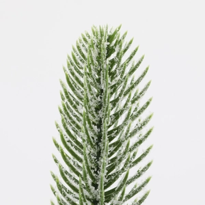 Macro detail of artificial green pine needles with realistic white winter frost coating