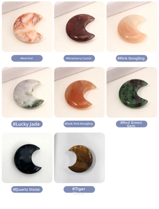 Collection of eight different polished crescent moon natural stones and crystals details