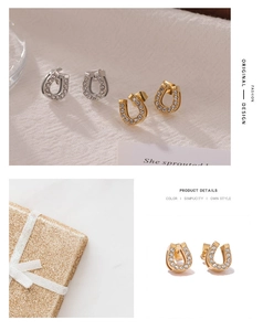 Close-up of U-shape horseshoe earrings with white zircon in gold and silver plating