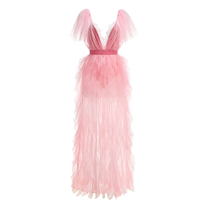 Detailed flat lay of pink mesh dress featuring V-neck lace and ruffled sleeves